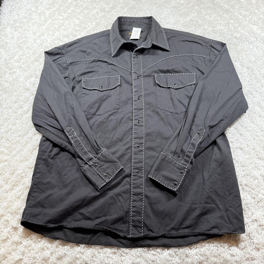 VTG Rustler Shirt Mens XL Black Western Pearl Snap LS Brushpopper Wrangler Y2K